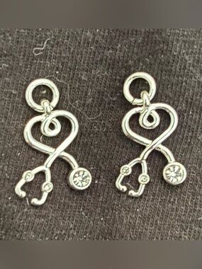 Silver Heart Stethoscope Dangle Earrings - Medical Charm Jewelry